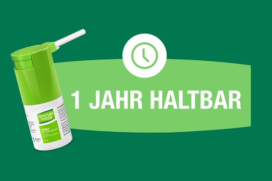 Tantum Verde Spray neben einem Uhr-Icon und dem Schriftzug "1 Jahr haltbar"